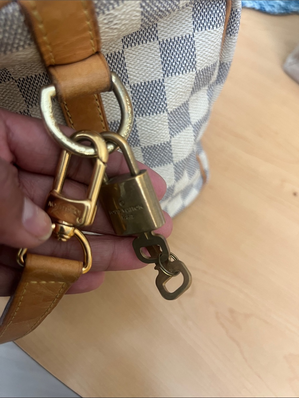 Louis Vuitton Cream/Gray Damier Azur Satchel with Tan Leather Trim.Used. - Picture 5 of 8